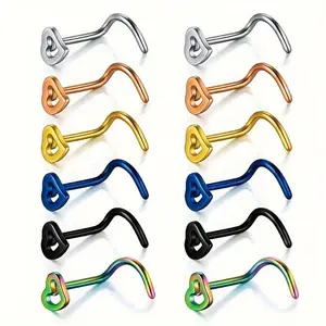 6 count/set of Unique Heart Hook Design Nose Stud L-shaped 5-letter Piercing Jewelry Stainless Steel Jewelry Elegant Sexy Style