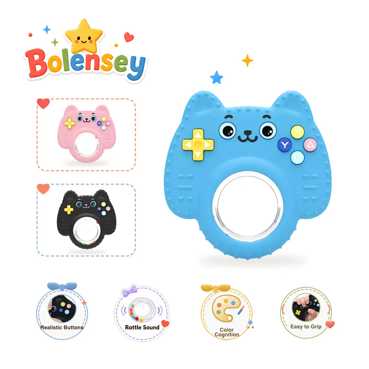 Bolensey Unisex Montessori Cat-Shaped Baby-Safe Silicone Teether Chew Toy - 0-12 Months, Food-Grade, BPA-Free, Simulated Buttons, Textured Easy Hold Grip Ring, Detachable ABS Rattle Beads, Baby Toys