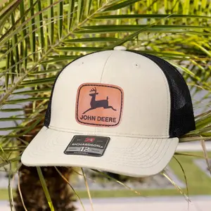 John Deere Leather Patch Trucker Hat, Richardson 112 Snapback Cap, Tan and Black Mesh Back Adjustable Farm Hat, Classic Deer Logo Gift for Farmer Him
