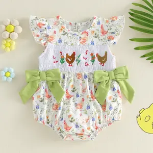 Infant Baby Easter Girls Romper Farm Chick Printed Flying Sleeve Smocked Ruffle Jumpsuit 0-18 Months