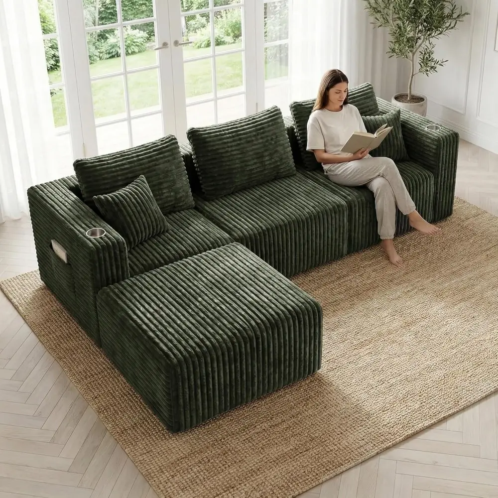 Cloud Modular Sectional Sofa, Modern Corduroy Memory Foam Couch with Cup Holders, Upholstered Boneless Deep Seat Fluffy 3-Seater Sofa with Ottoman, No Assembly Needed