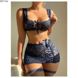 Women's 3-Piece Wireless Lace-Up Babydoll Lingerie Set, Soft Sheer Mesh Sleepwear, Comfortable Elegant Intimate Outfit for Lady, Stylish Slim-Fit Nightwear, Ideal for Anniversary Dates & Romantic Nights (Navy Blue)