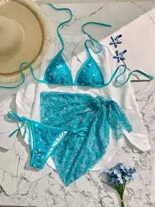 Summer Women's Blue Sequined Thin Strap Halter Bikini Set, Sexy Beachwear Three-Piece Swimsuit, Vacation Style Swimwear, Halter Neck Bikini