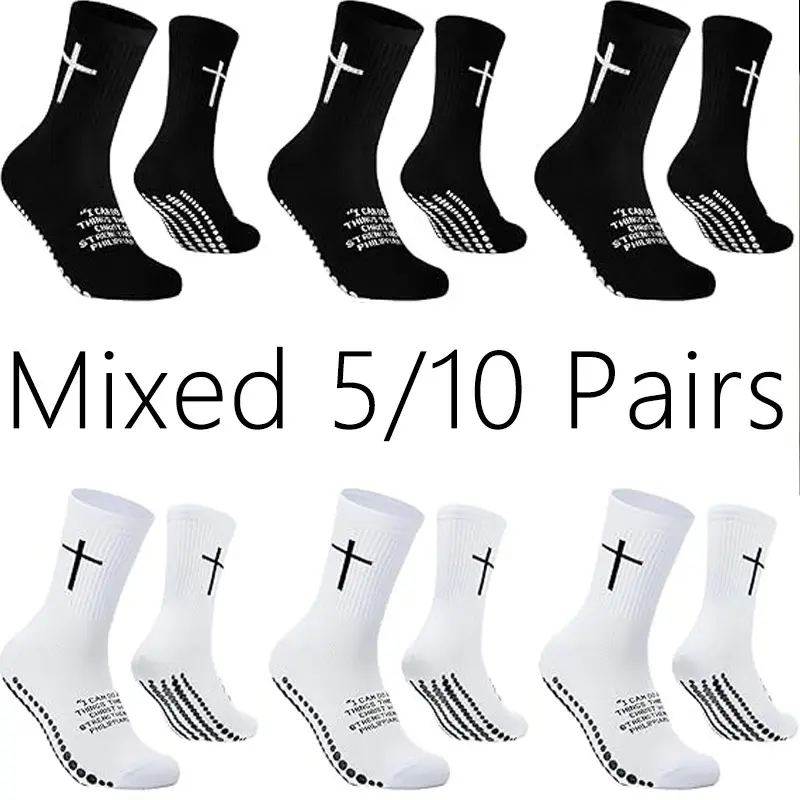 5 Pairs Cross Grip Soccer Socks Anti Slip Christian Sports Socks with Bible Verse Jesus Athletic Cotton Sock for Men