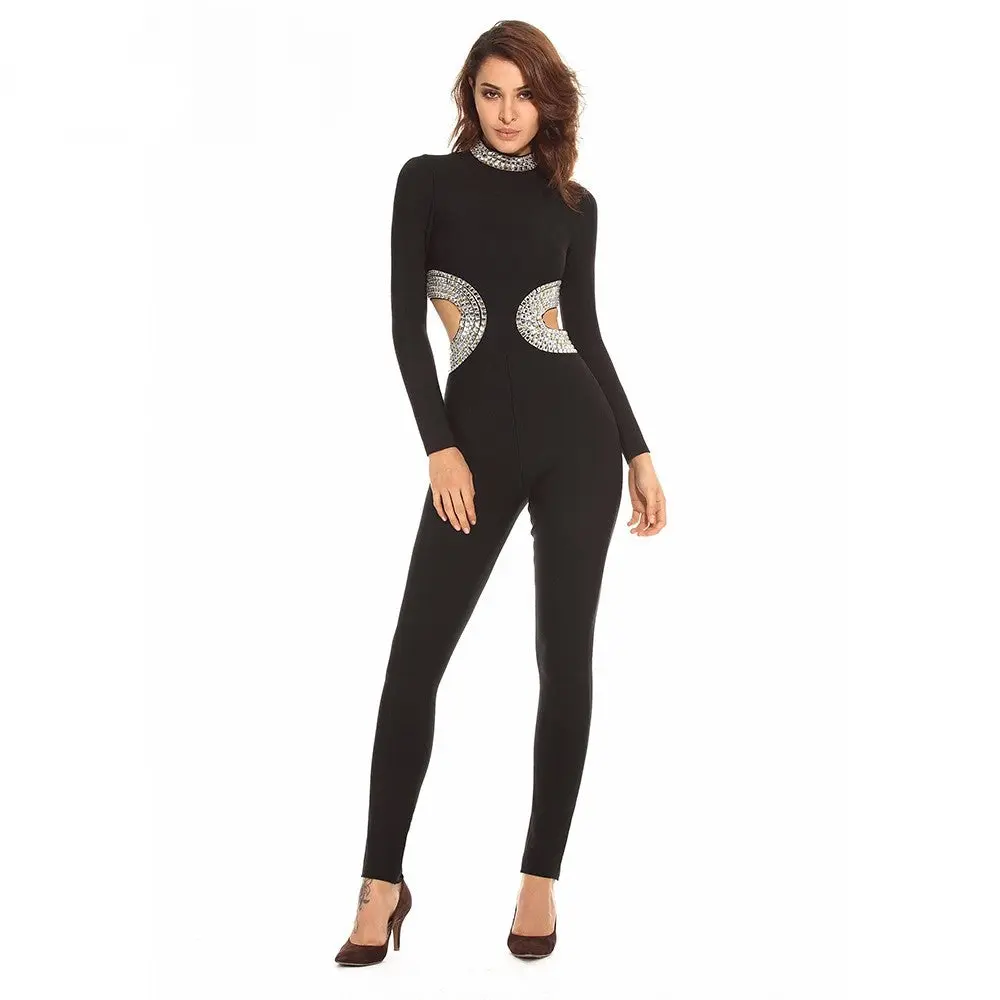 Women's 2-Piece Slimming High Neck Bandage Bodysuit & Long-Sleeve Zipper Slim Hugger Pantsuit Set, Stretch Blend Fabric, Back Rhinestones