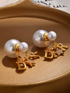 Fashionable French Classic High-End Stud Earrings with Rhinestone Letters and Pearls, Chic and Elegant Ear Studs for Women