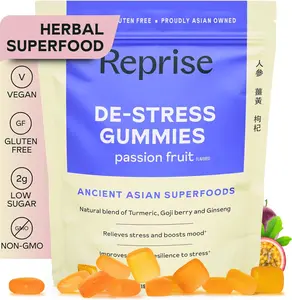 De-Stress Gummies with American Ginseng, Turmeric, and Goji - Assist with Stress Relief & Mood Boost, All-Natural Relaxation, Low-Sugar, 45 Vegan Gummies, Passion Fruit