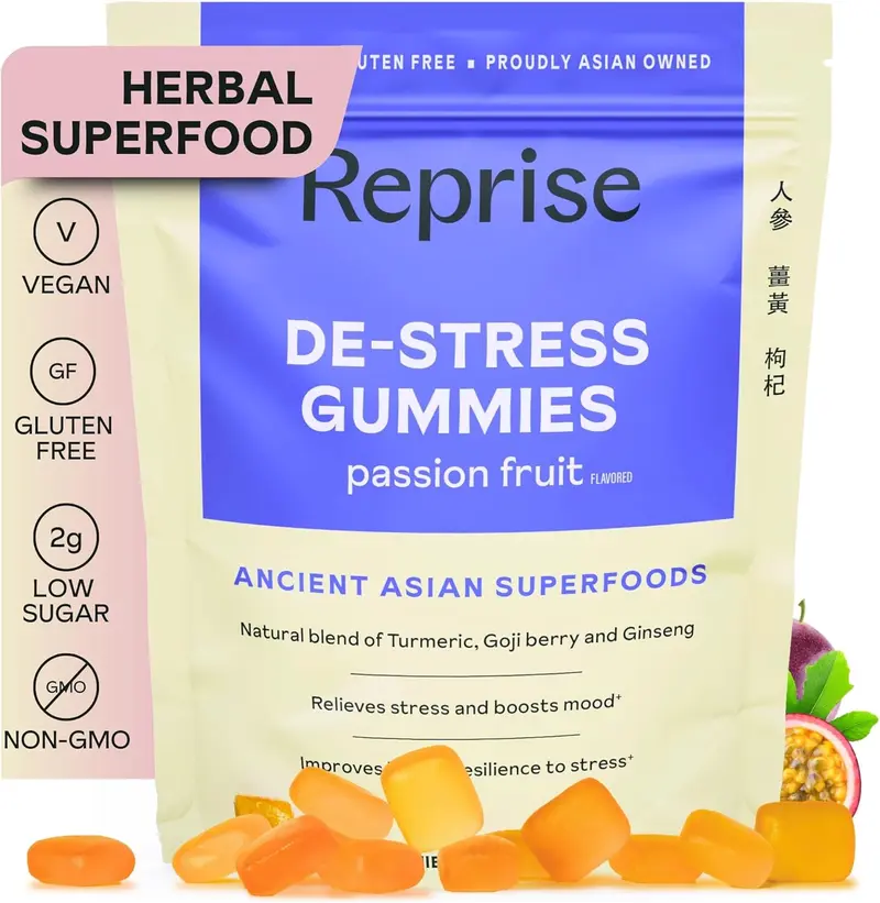 De-Stress Gummies with American Ginseng, Turmeric, and Goji - Assist with Stress Relief & Mood Boost, All-Natural Relaxation, Low-Sugar, 45 Vegan Gummies, Passion Fruit