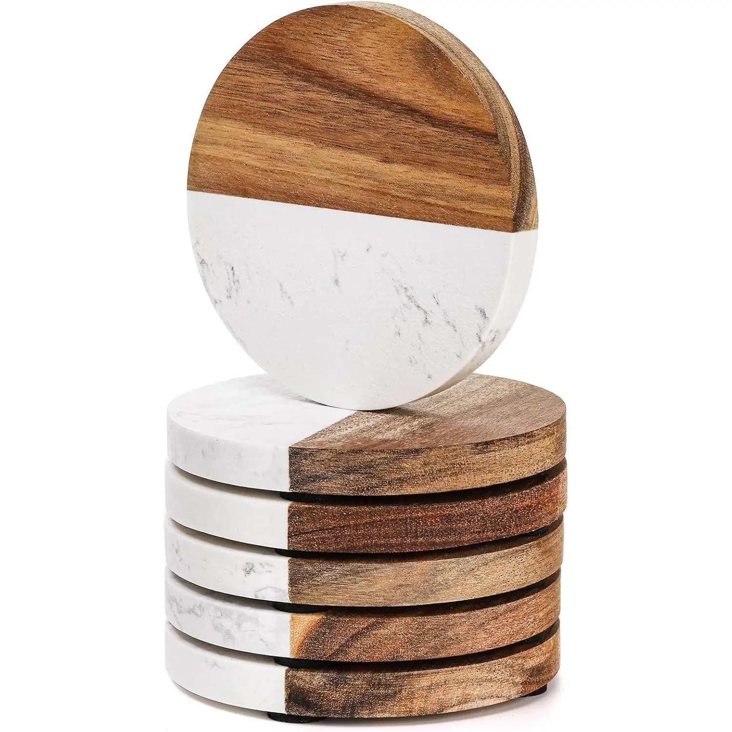 6 Packs Marble Wood Coasters, Round Coaster, Handcrafted Artificial Marble Coasters Set for Your Drinks and Beverages, Tea, Coffee, Wine/Bar Glasses, Tabletop Protection Helper