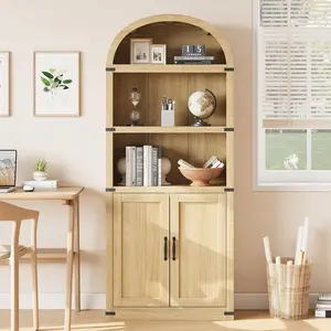 Bookcase with Doors Arched Bookshelf 71.65in Tall Bookcase Farmhouse Cabinet with Shelves Wooden Bookshelves for Home Office, Living Room