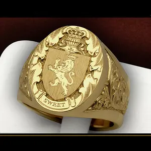 Vintage Crown Lion Shield Crest Ring | European Gold Plated Royal Signet Men's Ring