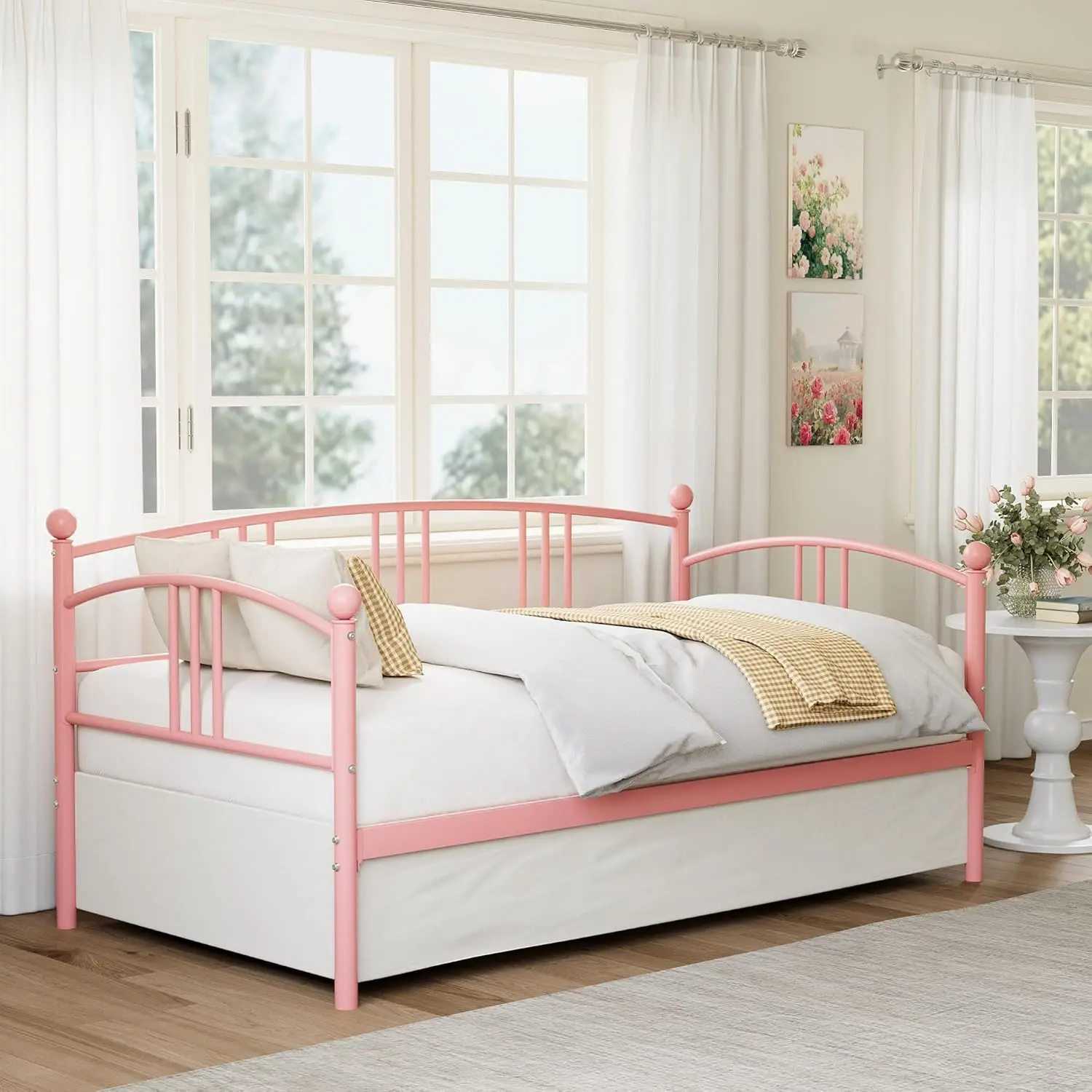 Twin Metal Daybed, Metal Sofa Bed Frame with Arched Headboard, Guest Sofa Bed with Steel Slat Support, No Box Spring Required, Easy Assembly, Pink