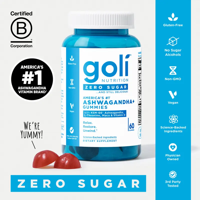 Goli Zero Sugar Ashwagandha & L-Theanine, Vitamin D & Maca Gummies - KSM-66, Keto-Friendly, No Artificial Sweeteners, No Sugar Alcohols, Vegan, Plant Based, Non-GMO, Gluten-Free & Gelatin Free.