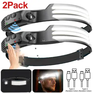 2Pack Super Bright Rechargeable LED Headlamp - 5 adjustable Modes, 230Â° Lighting Width, Motion Sensor, Red Tail Light, Waterproof Durable Tactical Flashlight, High Performance Emergency USB Rechargeable Flashlight, Camping Essential Father's Day Gift