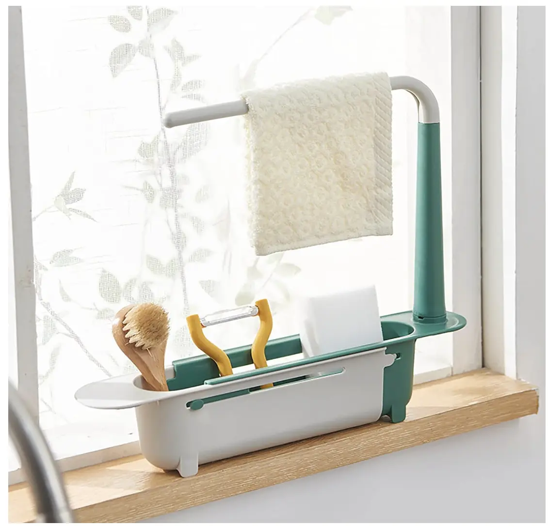 Upgraded Telescopic Hollow Sink Storage Rack - Adjustable Length 2-in-1 Kitchen Organizer Tray with Silicone Sponge Soap Holder, Hanging Dishcloth Hanger, Expandable Drain Basket for Home Utensil Tool Storage