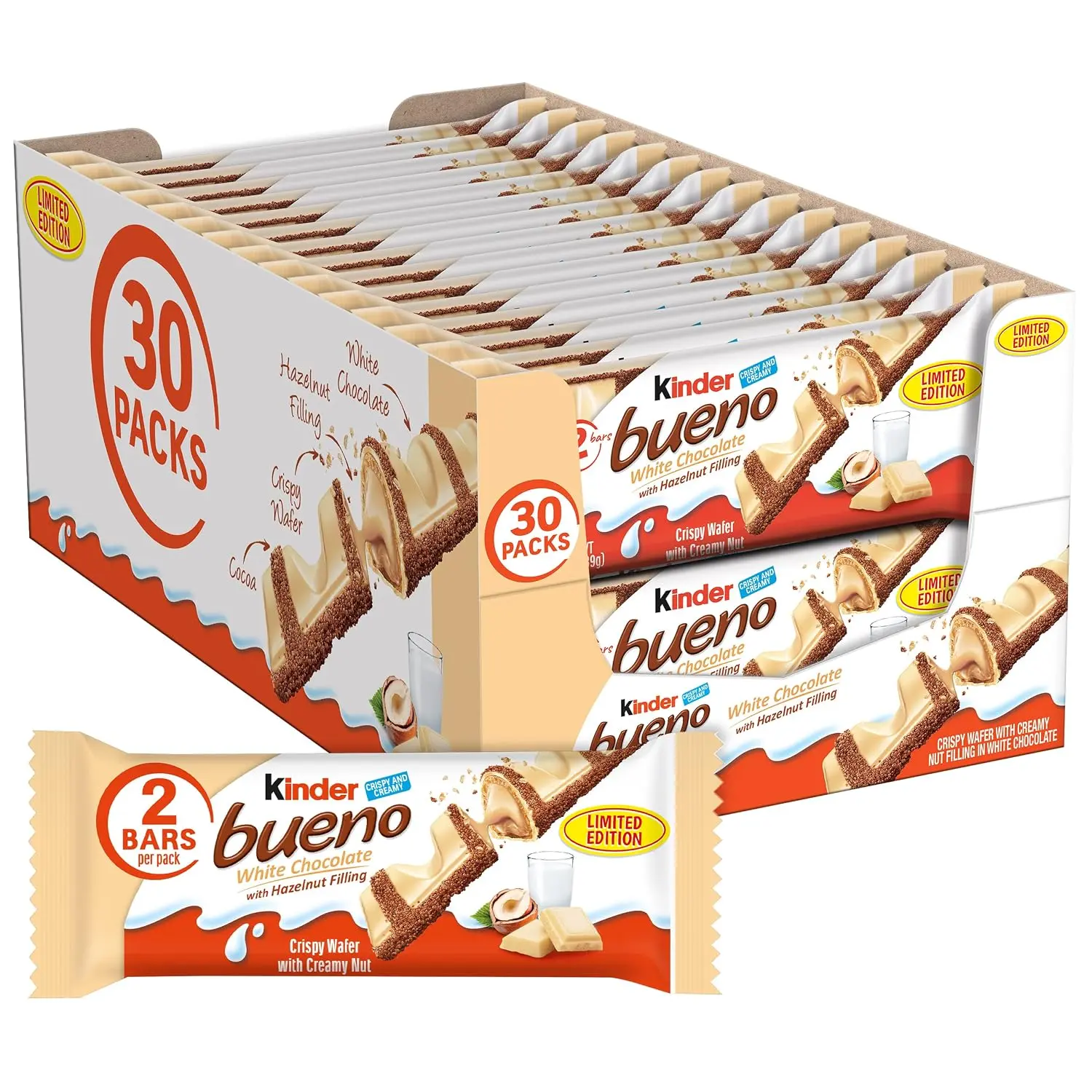 Kinder Bueno Barra de chocolate blanco, barras de caramelo de tamaño
