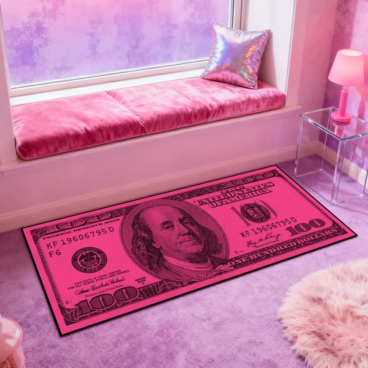 Y2K style Dollar Rug, 1 Count long rug，Y2K Aesthetic pink dollar pattern design, Machine washable，soft comfortable non-slip floor mat, suitable for hallway, kitchen, bedroom, bathroom, living room. Available in multiple sizes.Y2K home decoration