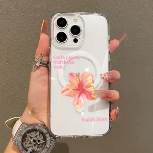 Girly Transparent Magnetic Smartphone Case, Tropical Hibiscus Aesthetic Pattern, Protector Cover for iPhone 11/12/13/14/15/16/17 Pro Max, Cute Cellphone Accessories