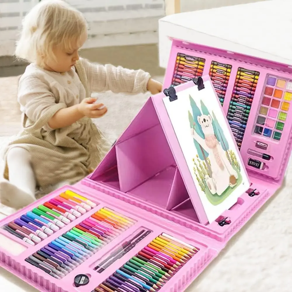 208 count Art Supplies, Drawing Art Kit for  Adults Art Set with Double Sided Trifold Easel, Oil Pastels, Crayons, Colored Pencils, Watercolor Pens Gift for Girls Boys Artist,Pink