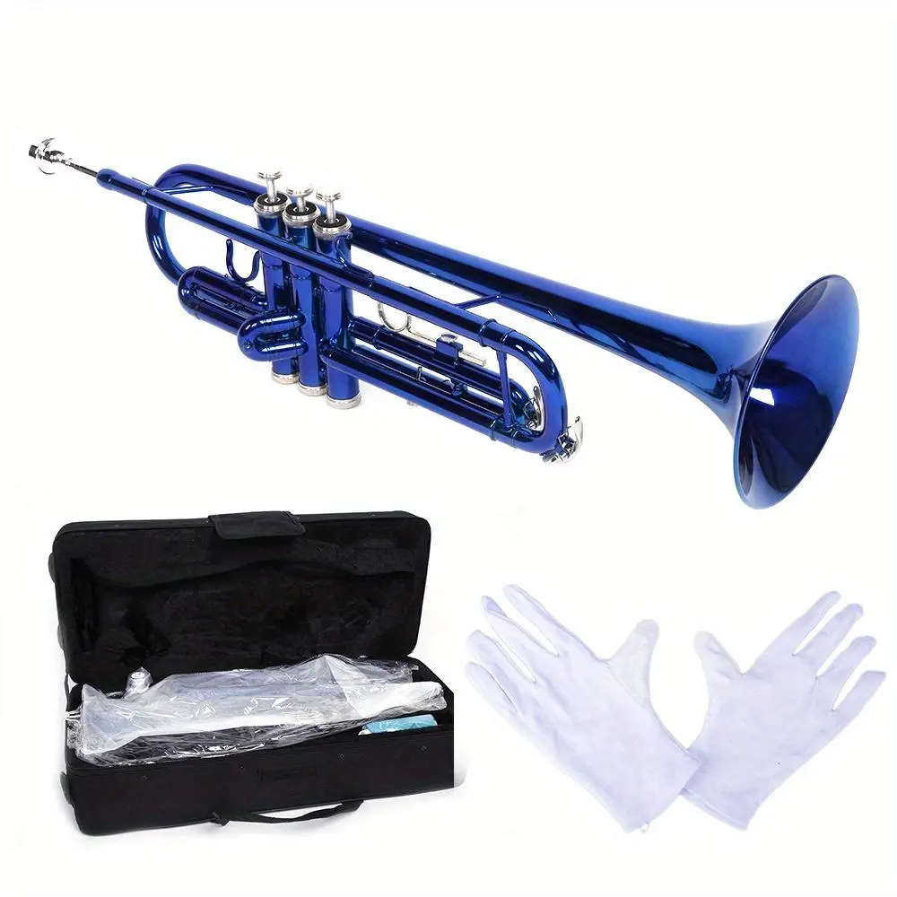 Vibrant Blue Solid Brass Trumpet Set for Beginners - Easy-to-Play Musical Instrument with Smooth Valves, Includes Gloves, for Toys & Hobbies