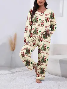 【Plus Size】 Two-Piece Set Christmas Print Long Sleeve Tee & Elastic Waist Pants Pyjama, Casual Comfy Round Neck Top & Trousers Set, Women's Sleepwear for Spring & Fall, Pajama Set, Matching Pj Set