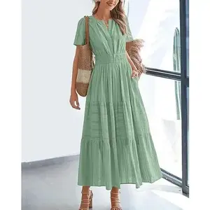 Womens Summer 2025 Casual Midi Maxi Dresses Lightweight Short Sleeve V Neck Elastic Waist Boho Beach Dress Pockets