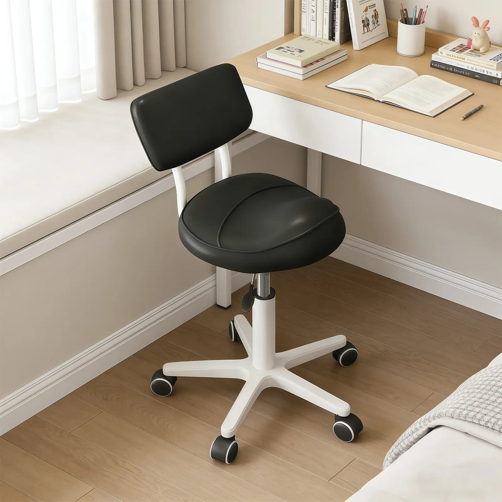 【Summer sale】Grey Ergonomic Saddle Stool with Back Support, Thick Padded Seat, Swivel Wheels - Comfortable, Height-Adjustable, Supportive Desk Chair for Hair Salon, Office, Home, Comfortable Desk Chairs, Height-Adjustable Desk Chairs