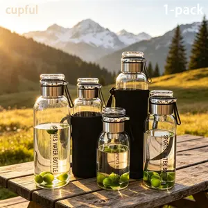 Reusable Borosilicate Glass Sports Water Bottle with Tea Infuser, Drinkware, Multi-Size Large Capacity Wide Mouth Leakproof Shock Resistant Food Grade Heat Resistant BPA & Lead Free Portable with Carry Strap, Dishwasher Safe for Gym Hiking Camping Travel