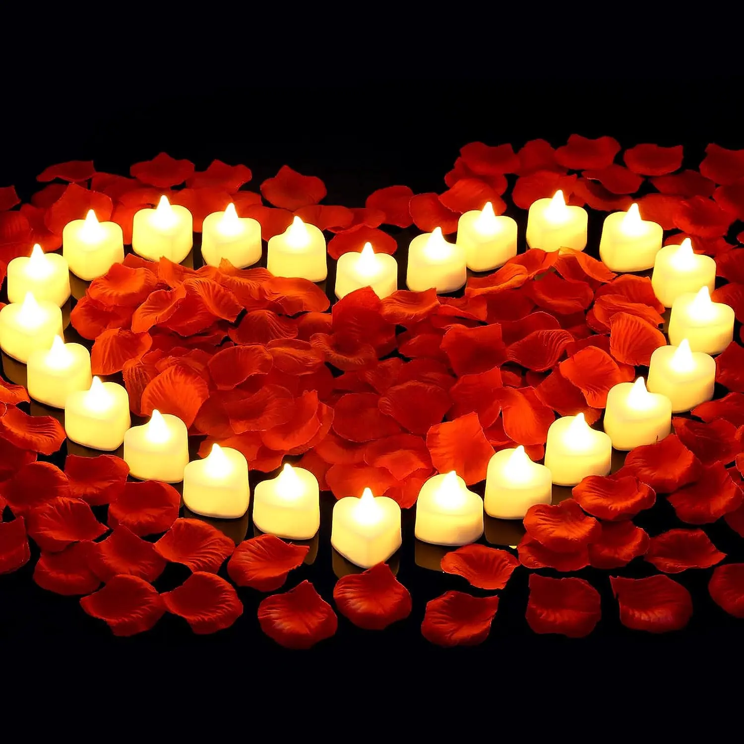 1000 Pcs Reusable Heart-Shaped Artificial Rose Petals with 24 LED Flameless Candles - Romantic Accessories Home Decor Set for Proposal, Valentine's Day Table Décor, Heart Shape, Confession