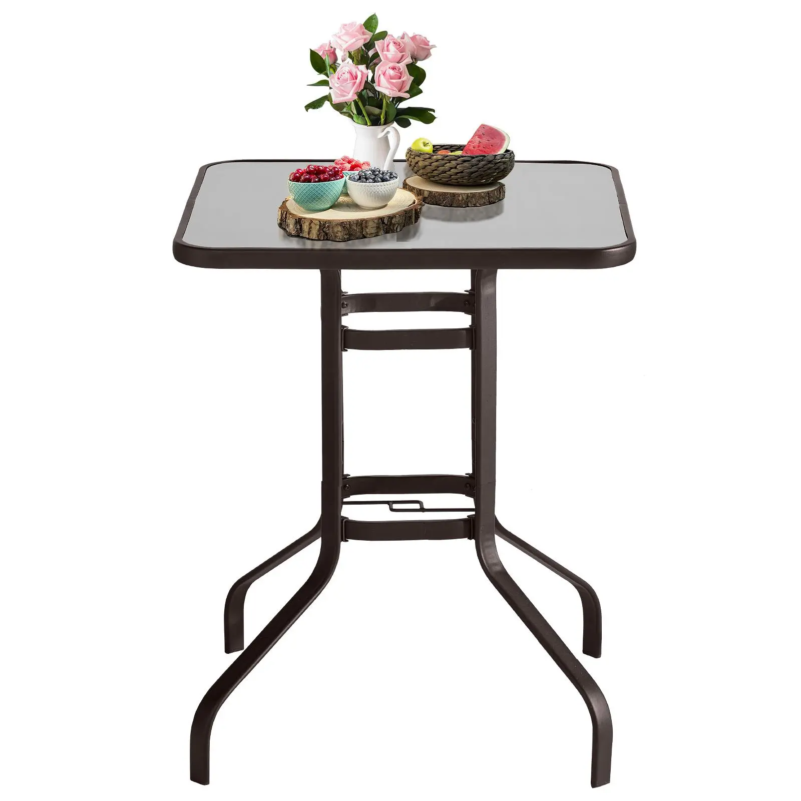 Classic Black Square Metal-Steel Frame Patio Outdoor Furniture Dining Table - Slatted Surface, Umbrella Hole, Functional for Garden, Porch