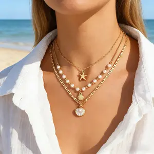 Gold Layered Starfish Shell Necklace with Pearl Accents for Women, Beach Coastal Jewelry Pearlnecklace Necklacke