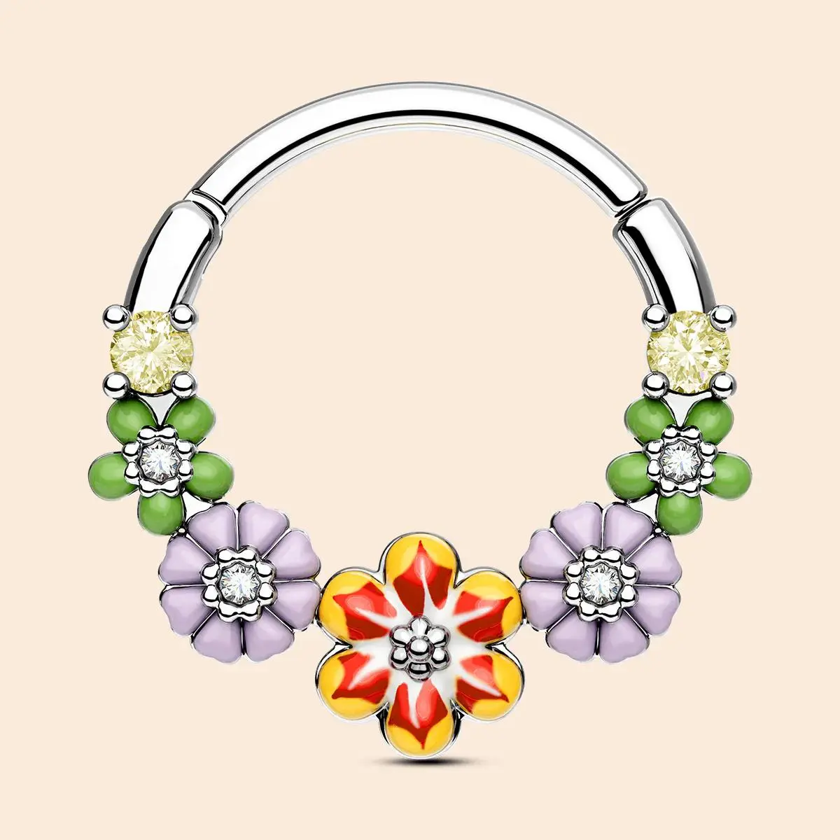 OUFER Body Jewelry 16G Cubic Zirconia Inlay Colorful Flower Septum Hoop Ring - 10mm Inner Diameter, Body-Safe Gemstone Piercing Accessory for Nose, Daith, Summer Fashion, Cubic Zirconia Jewelry, Zirconia Inlays