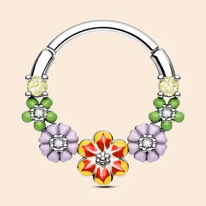 OUFER Body Jewelry 16G Cubic Zirconia Inlay Colorful Flower Septum Hoop Ring - 10mm Inner Diameter, Body-Safe Gemstone Piercing Accessory for Nose, Daith, Summer Fashion, Cubic Zirconia Jewelry, Zirconia Inlays