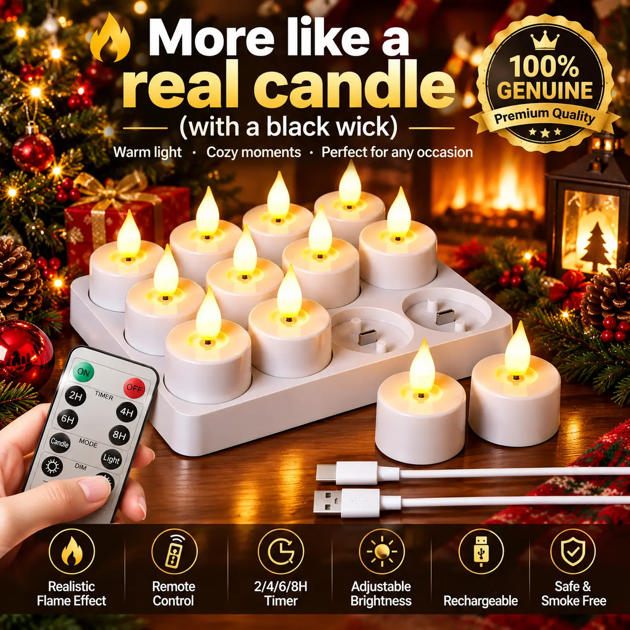 12pcs Rechargeable USB-C LED Flameless Tealight Candle with Remote Control, Charging Station, Timer for Halloween, Christmas Indoor Home Table Glass Jars or Candle Holders, Candles