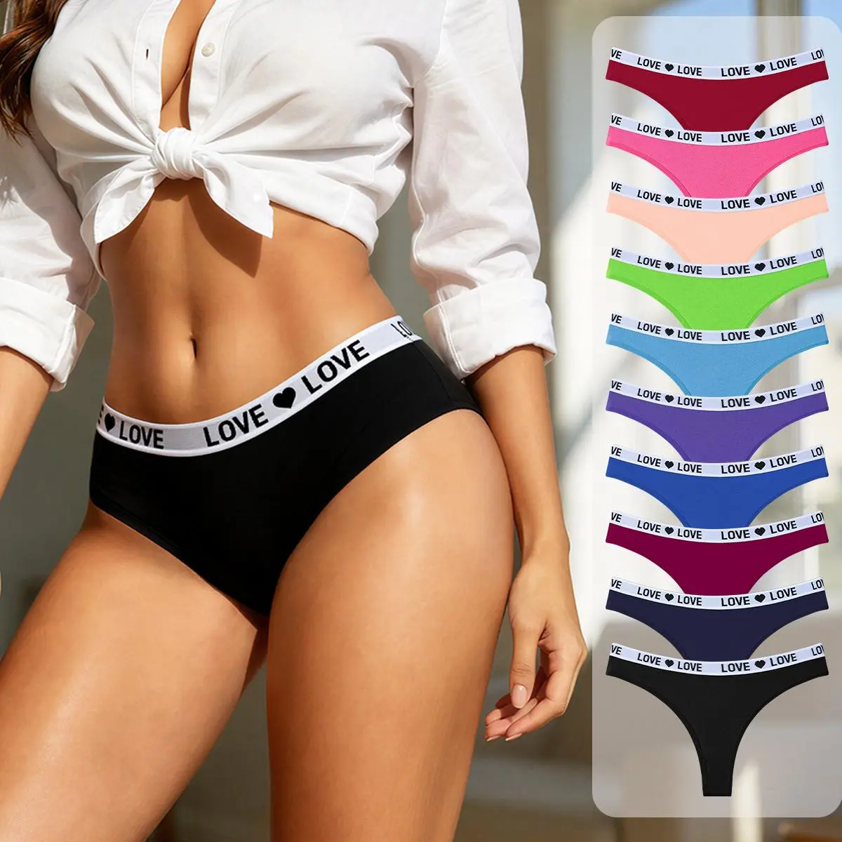 Hotcom Women's Low Waist Fitted Plain Cotton Spandex Thongs - 5/7/10-Pack Lingerie with Love Heart Band, Breathable Invisible Chic Fabric, Double-Layer Crotch, Ideal for Spring/Fall, XL Size, Do Not Iron