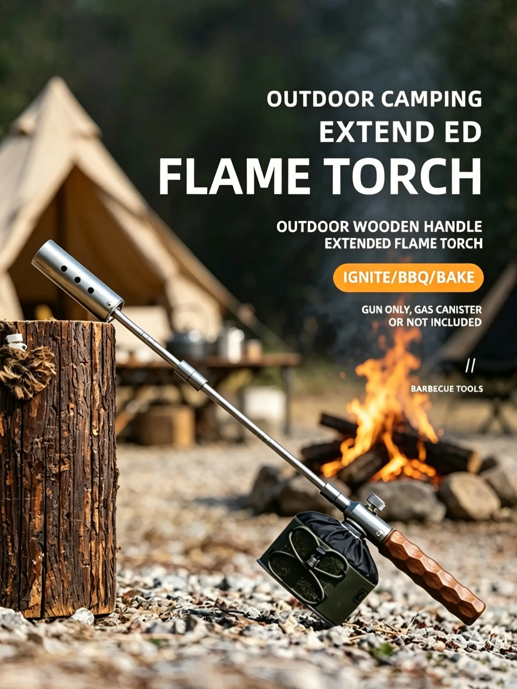 Portable Camping Flame Torch - Stainless Steel Body, Non-Slip Wooden Handle, Detachable Tube & Universal Fit Adapter, Adjustable Compact Grill/Campfire Fire Starter for Patio, Baking