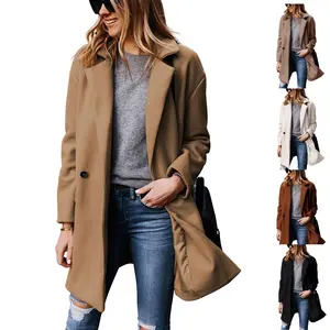 Ommig Women's Notched Lapel Wool Coat Single Breasted Pea Coats Winter Wool Blend Blazer Jacket