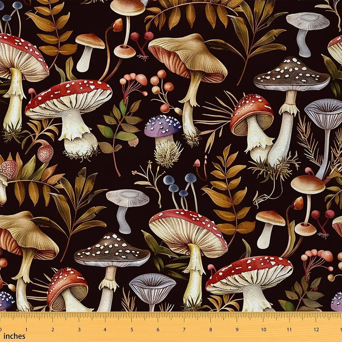 Rustic Mushroom Fabric,Wild Plants Theme Leaves Fruits Soft Flannel Polyester No Stretch Sewing DIY Projects Gifts,Farmhouse Botanical Jungle Nature Fabric Bedroom Decor