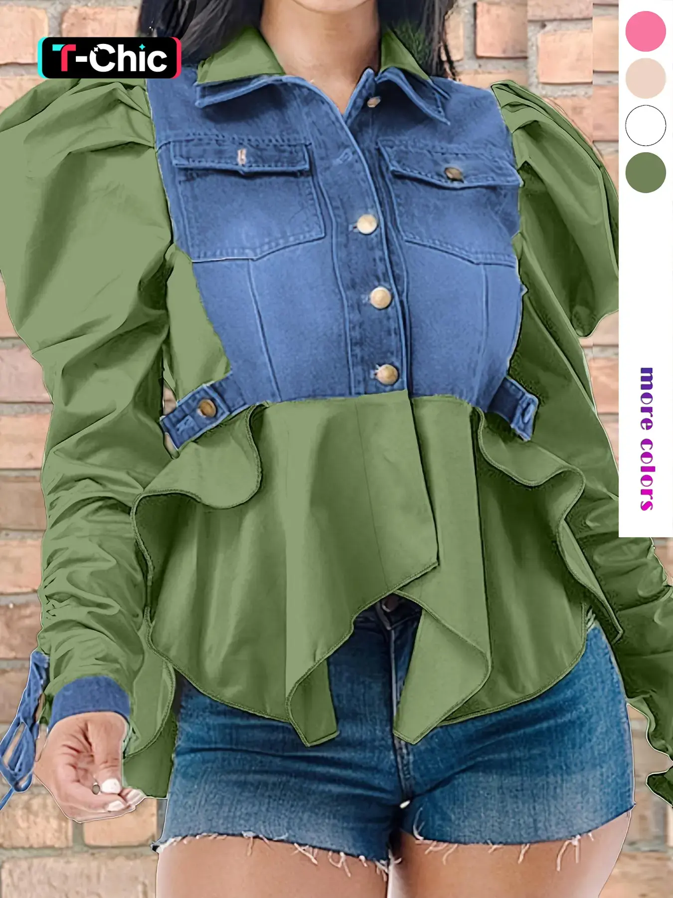 Women's Colorblock Ruched Knot Design Long Sleeve Button Front Blouse Shirts, Casual Chic Leg-of-Mutton Sleeve Pocket Top for Spring & Fall, Women's Clothing Womenswear