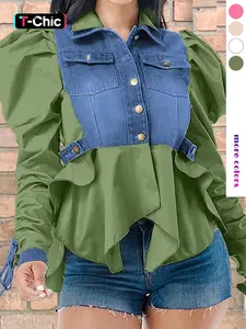 Women's Colorblock Ruched Knot Design Long Sleeve Button Front Blouse Shirts, Casual Chic Leg-of-Mutton Sleeve Pocket Top for Spring & Fall, Women's Clothing