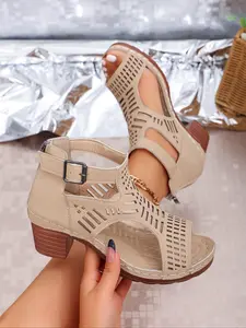 Women's Fashionable Plain Color Hollow Out Design Block Heel Peep Toe Sandals, Boho Style Sandals for Summer, Lightweight Breathable Comfortable Shoes for Daily Wear, Bohemian Sandals