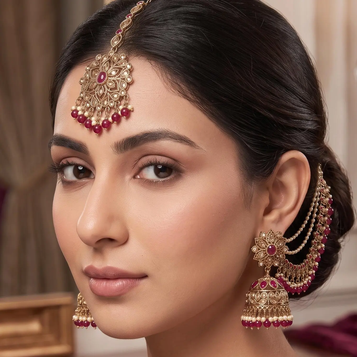 Polki Jhumka with Sahara and Maang Tikka – Ruby and Green Bridal Favorite sohochic