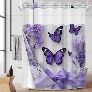 1PC/4PCS 2D Flat Printing Happy Spring Purple Butterflies Flowers Bow Patterned shower curtain, home bathroom decor, shower curtain set with 12 hooks, non-slip bathroom rug, U-shaped toilet seat cover, toilet seat mat, Bathroom Decoration Accessories