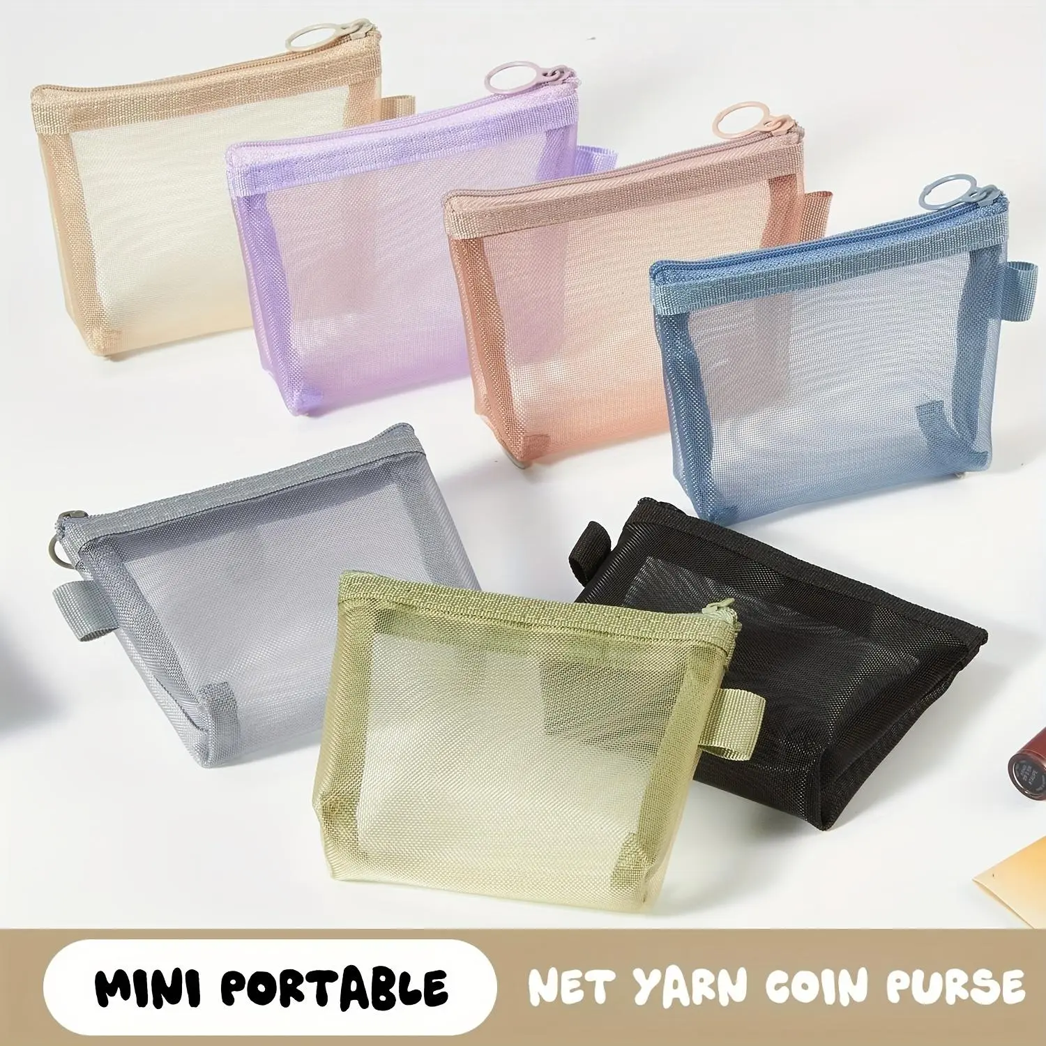 Transparent Mesh Pocket, Simple Nylon Storage Bag, Earphone Charging Cable Zipper Storage Bag, Red Mouth Cosmetic Storage Bag, Portable Bank Card, ID Card Bag