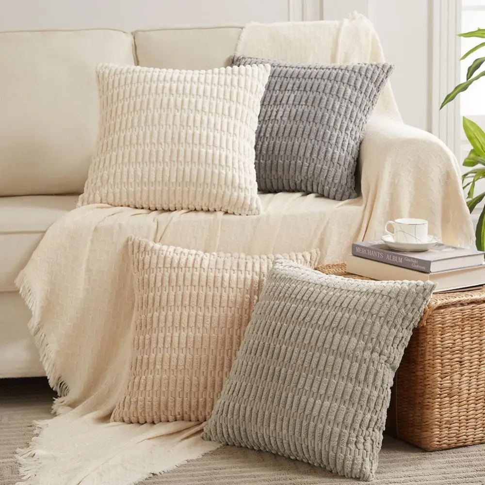 4-Pack 18x18 in (45x45 cm) Corduroy Cushion Covers - Soft Plush Striped Comfy Cushions, Neutral Rustic Farmhouse Boho Decor for Living Room Couch Home Supplies Festive Decorations