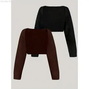 Solid Color Knit Crop Cardigan 2 Packs, Elegant Long Sleeve Shrug For Spring & Fall, Women's Clothing