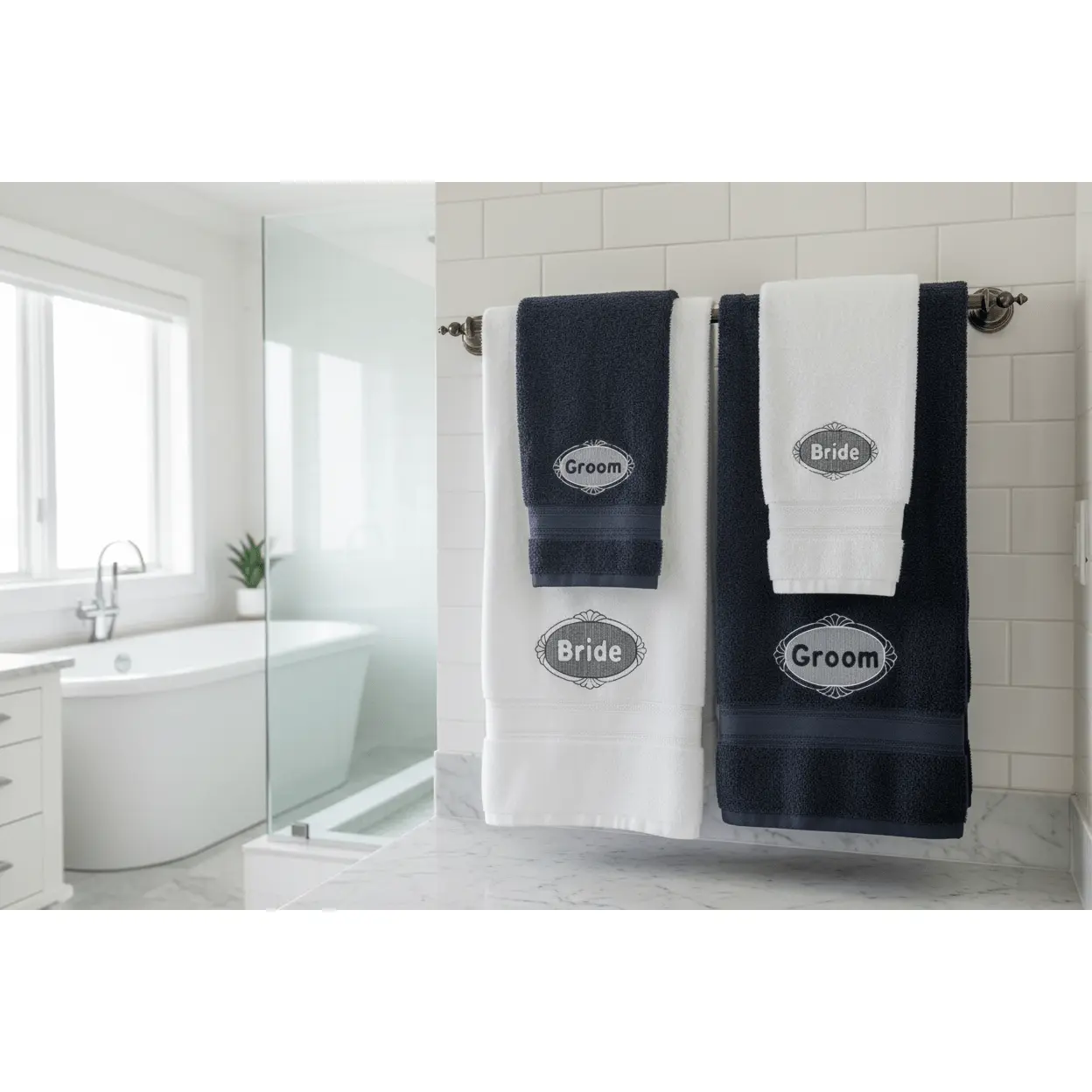 Personalized Bride and Groom Wedding Gift Towel Set Luxury Embroidered Monogrammed Bath Towels