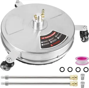 15-inch high-pressure cleaner surface cleaner, equipped with 3 wheels, stainless steel shell, and 1/4-inch quick connector. High-pressure cleaner accessories include 2 extension poles and 2 replacement nozzles