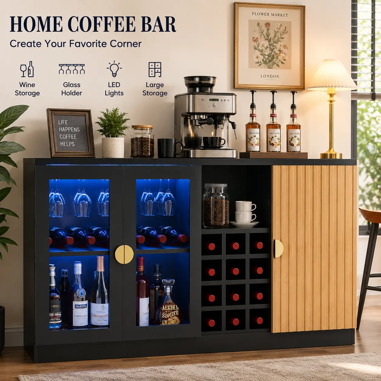 55 Inch Coffee Bar Cabinet with LED Lights, Wine Rack and Glass Holder Storage Cabinet for Dining Room and Living Room