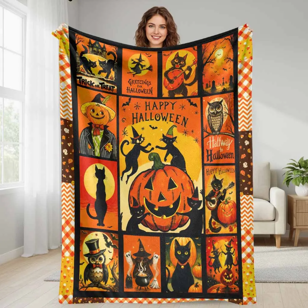 Vintage Halloween Flannel Blanket features Retro Pumpkin And Black Cat Prints ultra soft plush cozy texture breathable lightweight material for living room sofa bedroom decor festival celebration themed parties home bedding throw gift
